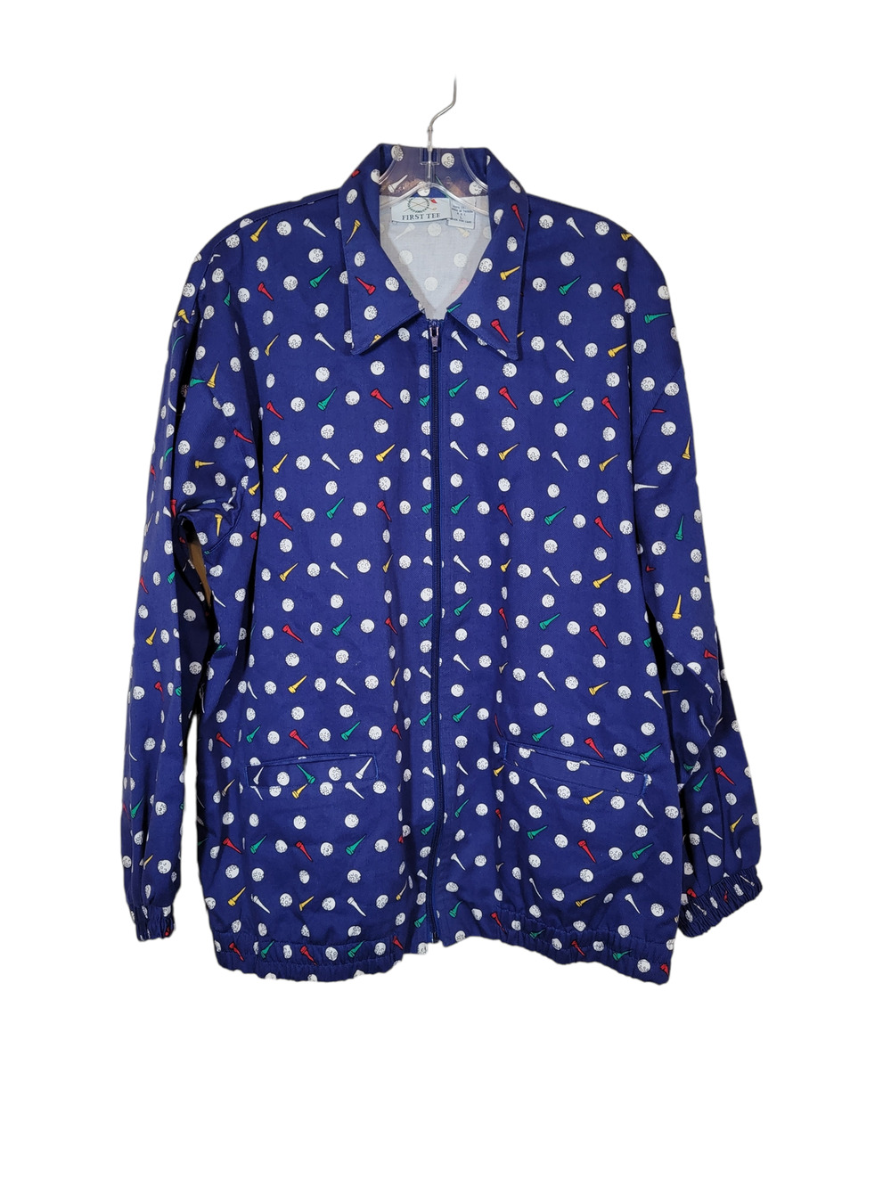 Vintage First Tee Men's Golf Jacket Full Zip Allover Print Blue White Large